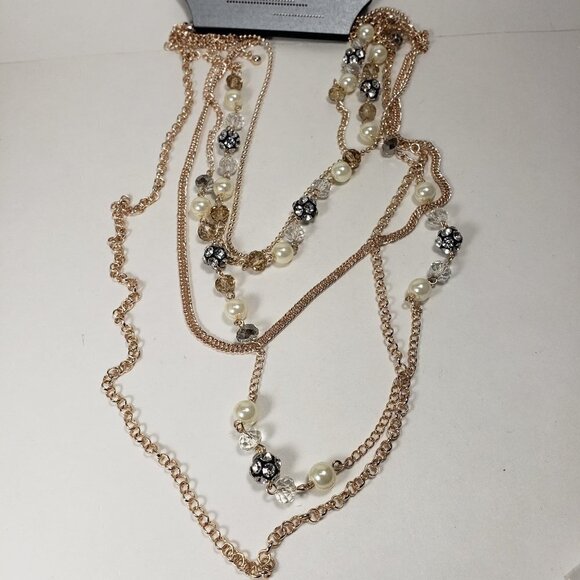Rose Gold tone Layered Chain Necklace Multi color Beads, Crystal Ball - Women - Picture 3 of 9